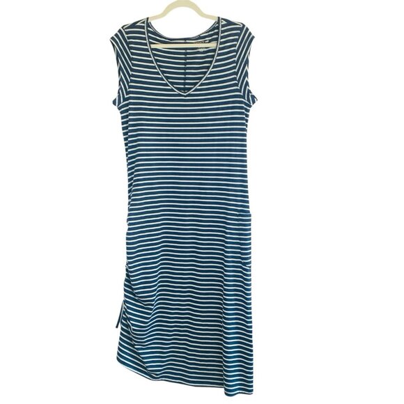 Toad & Co Women Samba Muse Ruched Midi Dress Sz Large Navy Blue Striped Coastal - Picture 2 of 12